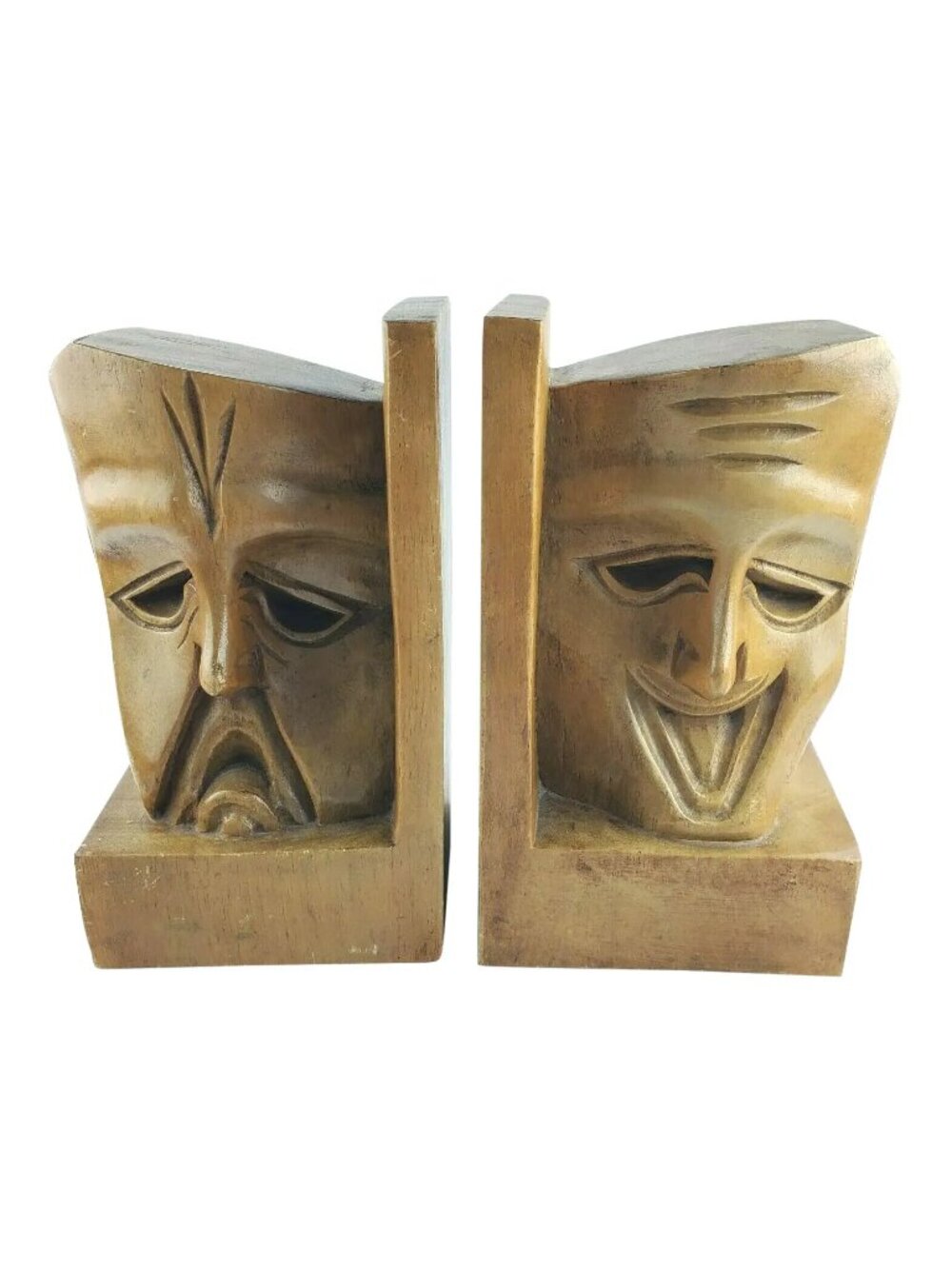 Mid Century Bookends Theater Comedy Tragedy Teak Wood